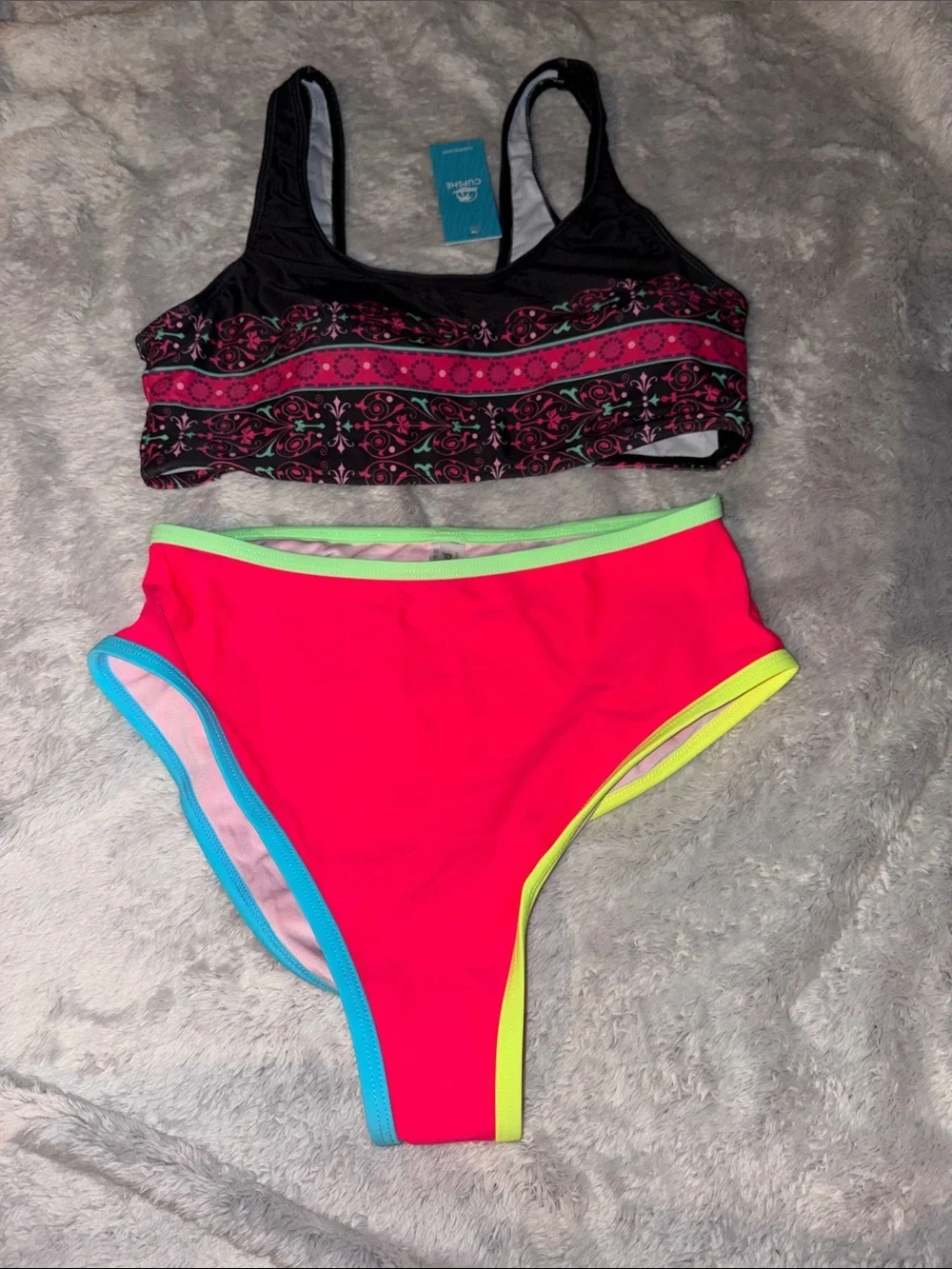 Cupshe Neon Pink High Waist Bikini Set with Black Patterned Top